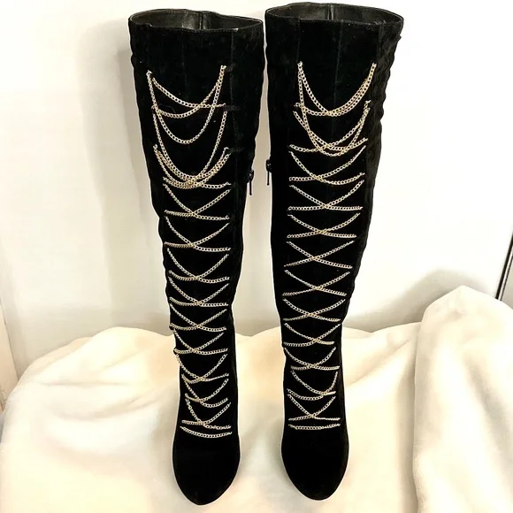 Black Scene Weaver Velvet Lucille Knee High Lace Up Boots Gold Chain Size 6 - Picture 4 of 16